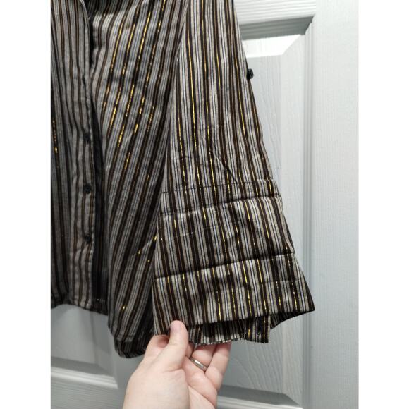Street Fever Women's Size Large Brown Gold Metallic Striped Roll Tab Sleeve Top - Picture 5 of 6